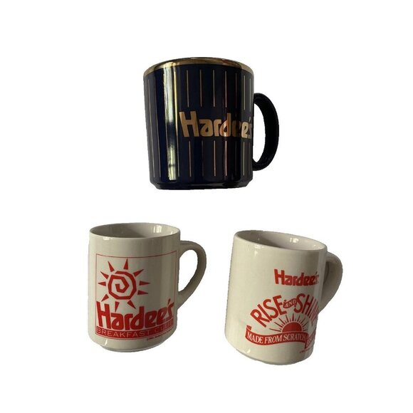 Vintage Hardees Logo Coffee Mugs Set Of 3 Breakfast Club & Rise And Shine Design - Picture 1 of 10